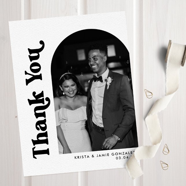 Schwarz-Weiß-Foto- und Retro-Hochzeit Dankeskarte (Von Creator hochgeladen)