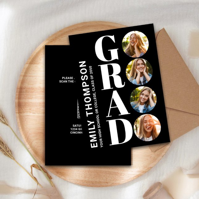 Schwarz-Weiß-FotoCollage für Graduate Einladung (Graduate "GRAD" typography photo collage invitation announcement. )