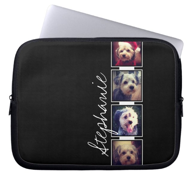 Schwarz-Weiß-Fotocollage-Quadrate mit Namen Laptopschutzhülle (Vorderseite)