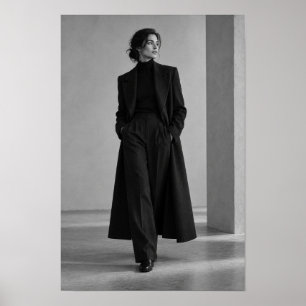 Schwarz-Weiß-Frau im langen Mantel Modeporträt Poster
