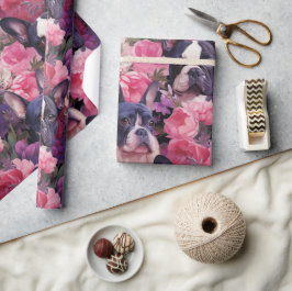Schwarz-Weiß-Frenchie-Blumenpapier Geschenkpapier