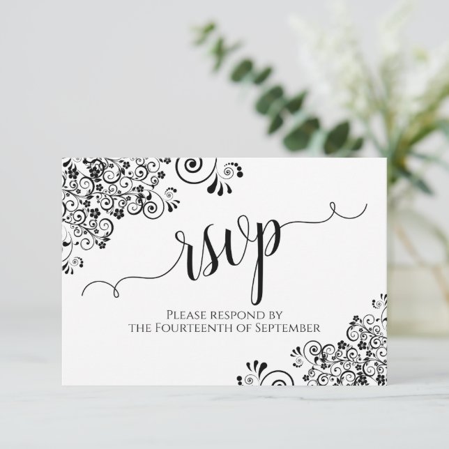 Schwarz & Weiß Frilly Elegante Calligrafy Wedding RSVP Karte (Stehend Vorderseite)