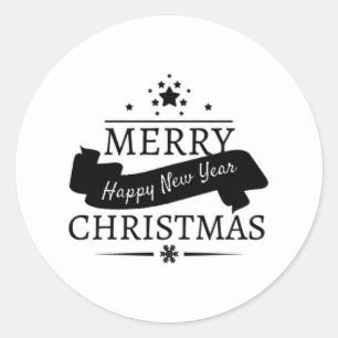 Schwarz-weiß frohe Weihnachten und ein glückliches Runder Aufkleber