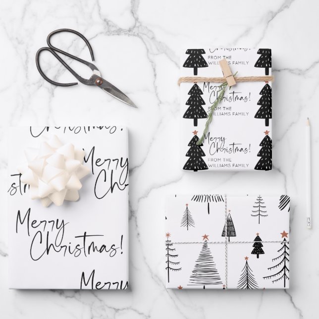 Schwarz-Weiß-frohe Weihnachtsbaum Name Geschenkpapier Set (Vorderseite)