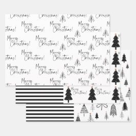 Schwarz-Weiß-frohe Weihnachtsbaum Streifen Geschenkpapier Set