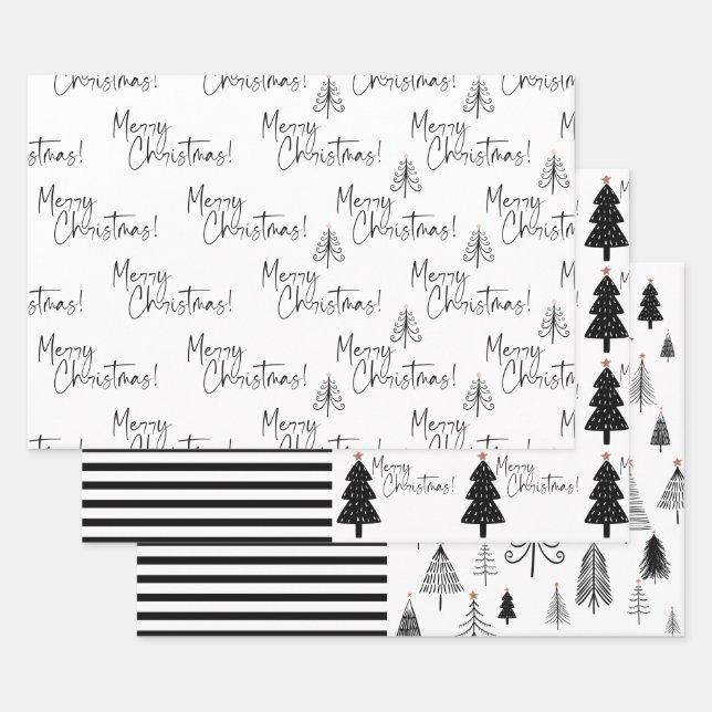 Schwarz-Weiß-frohe Weihnachtsbaum Streifen Geschenkpapier Set (Set)