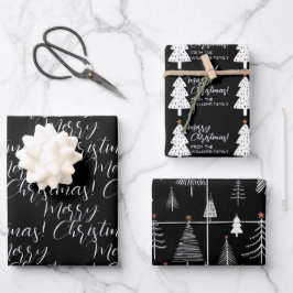 Schwarz-weiß frohe Weihnachtsbaumnacht Wrapping Geschenkpapier Set