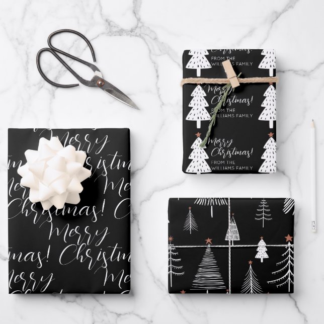 Schwarz-weiß frohe Weihnachtsbaumnacht Wrapping Geschenkpapier Set (Vorderseite)