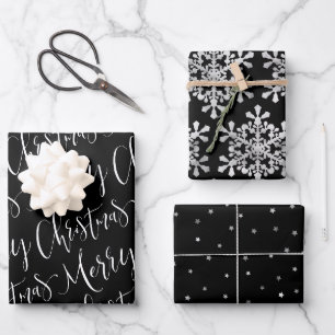 Schwarz-Weiß Frohe Weihnachtsschneeflocken Set Geschenkpapier Set