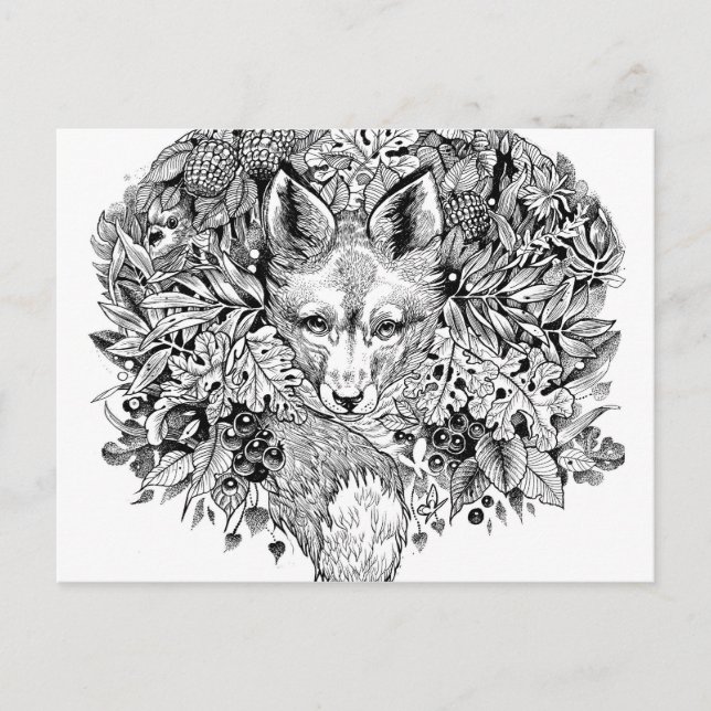 Schwarz-Weiß-Fuchs im Wald Postkarte (Vorderseite)