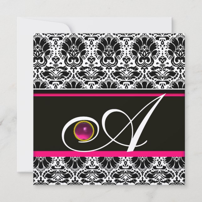 SCHWARZ WEISS FUCHSIA  DAMAST MONOGRAMM Amethyst G Einladung (Vorderseite)