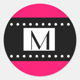 Schwarz-Weiß-Fuchsia-Monogramm-Hochzeitslabel Runder Aufkleber