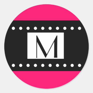 Schwarz-Weiß-Fuchsia-Monogramm-Hochzeitslabel Runder Aufkleber