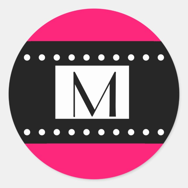 Schwarz-Weiß-Fuchsia-Monogramm-Hochzeitslabel Runder Aufkleber (Vorderseite)