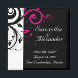 Schwarz, Weiß, Fuchsia Reverse Swirl Wedding Magne Magnet<br><div class="desc">Fett und auffallend moderne schwarze Gastgeschenk Hochzeit oder speichern Sie die Dattelmagnete mit weißer und fuchsienfarbener/magenta Akzente,  mit zartem,  wirlem Blätterhintergrund. Passen Sie Ihre Hochzeitsdetails online an.</div>