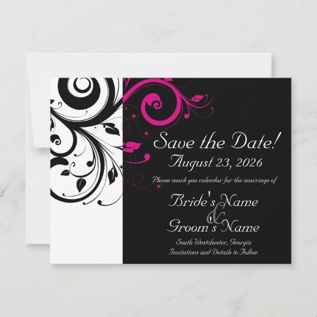 Schwarz, Weiß, Fuchsia Swirl Hochzeit Sichern Sie  Save The Date (Vorderseite)