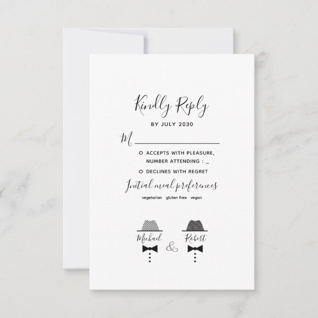 Schwarz-weiß Gay Wedding RSVP Karte (Vorderseite)