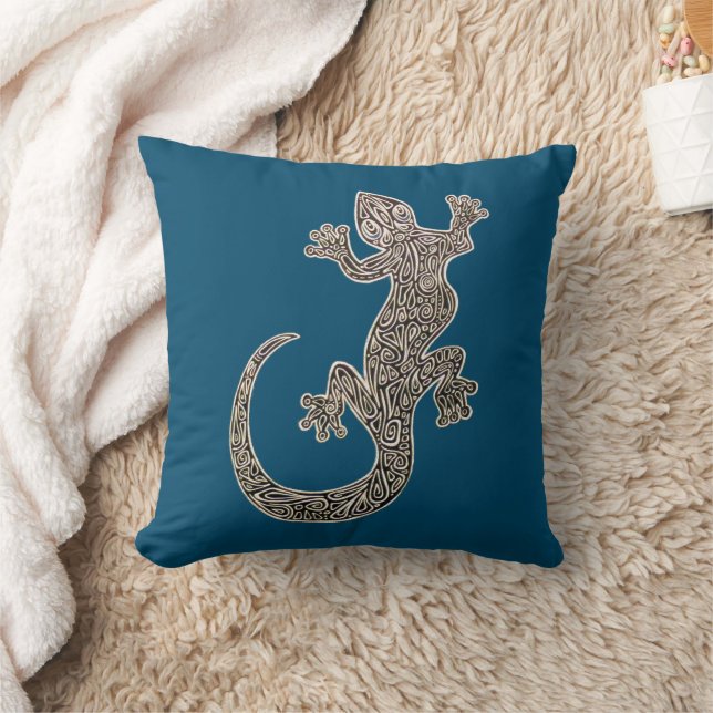 Schwarz-Weiß-Gecko Zeichnend auf Ocean Blue Kissen (Decke)