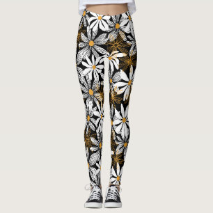 Schwarz, Weiß, Gelb Elegant Daisy Abstrakt Leggings