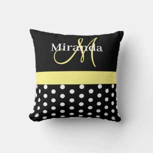 Schwarz-weiß-Gelbe Monogram-Script-Polka-Punkte Kissen