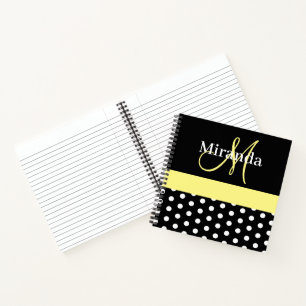 Schwarz-weiß-Gelbe Monogram-Script-Polka-Punkte Notizbuch