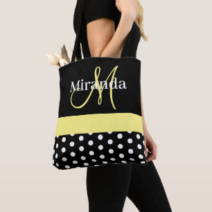 Schwarz-weiß-Gelbe Monogram-Script-Polka-Punkte Tasche