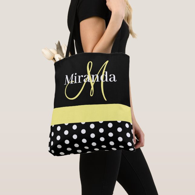 Schwarz-weiß-Gelbe Monogram-Script-Polka-Punkte Tasche (Von Nahem)