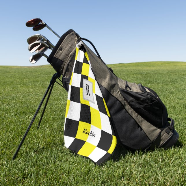Schwarz-weiß-Gelbes Schachbrett Golfhandtuch (Gras)