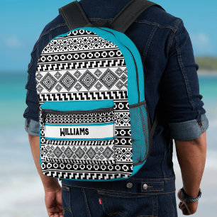 Schwarz Weiß Geo Azteken-Stammes-Turquoise-Monogra Bedruckter Rucksack