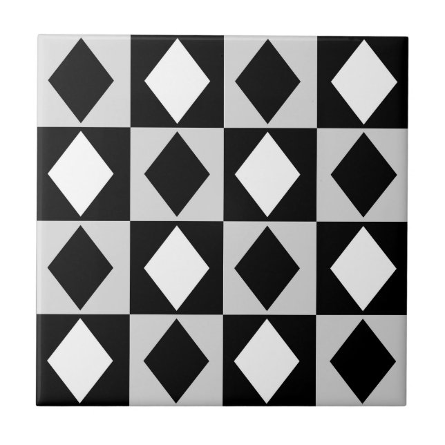 Schwarz-weiß Geometric Rhombus Diamond Fliese (Vorderseite)