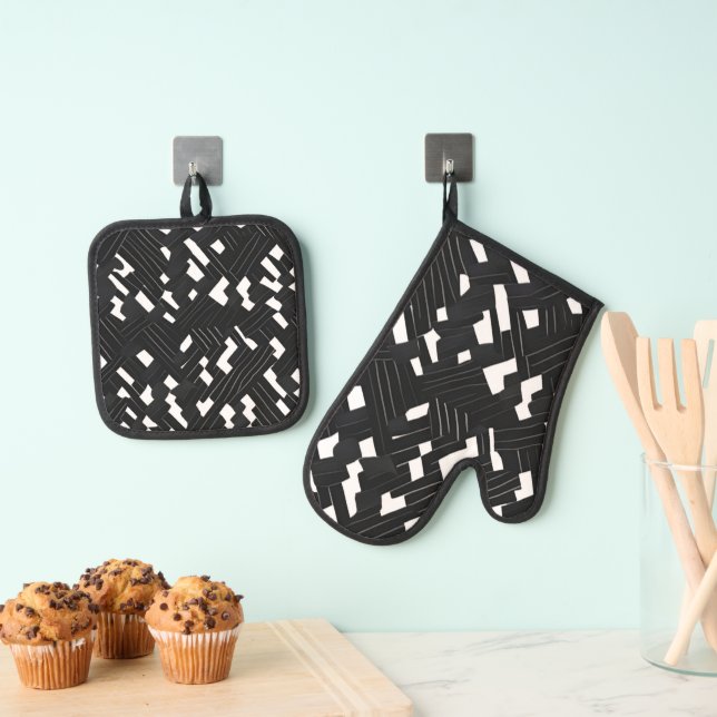 Schwarz-Weiß-Geometrie Ofenhandschuh & Topflappen-Set (Insitu (Hängend))