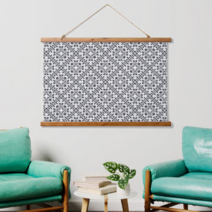 Schwarz-weiß geometrisches ethnisches Ornament Wandteppich Mit Holzrahmen