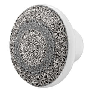 Schwarz-Weiß geometrisches Mandala-Muster Keramikknauf