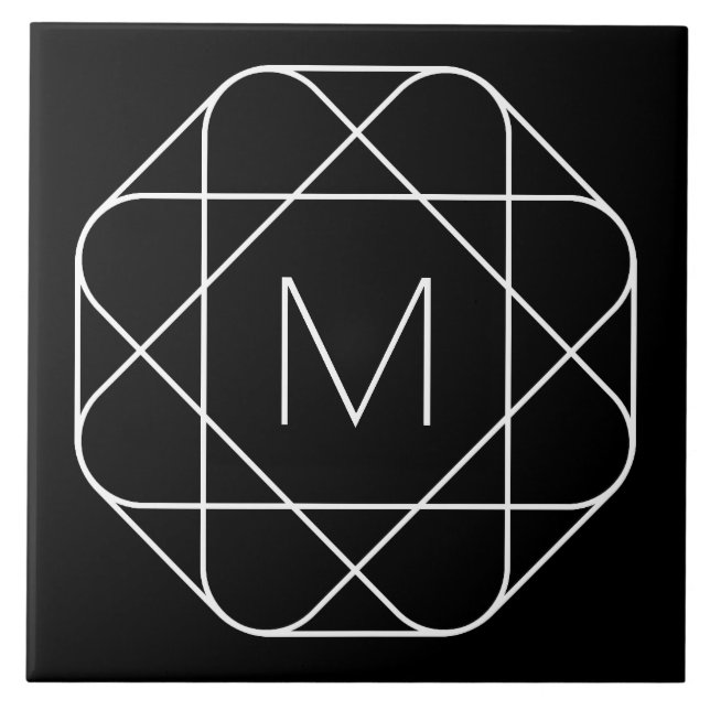 Schwarz-weiß geometrisches Monogramm Fliese (Vorderseite)