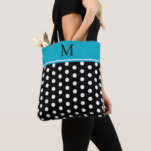 Schwarz-Weiß gepunktet mit azurblauem Monogramm Tasche