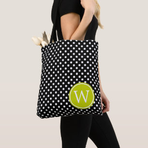 Schwarz-weiß gepunktet mit hellgrünem Monogramm Tasche