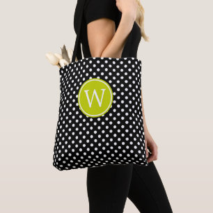 Schwarz-Weiß gepunktet mit Limettengrün-Monogramm Tasche