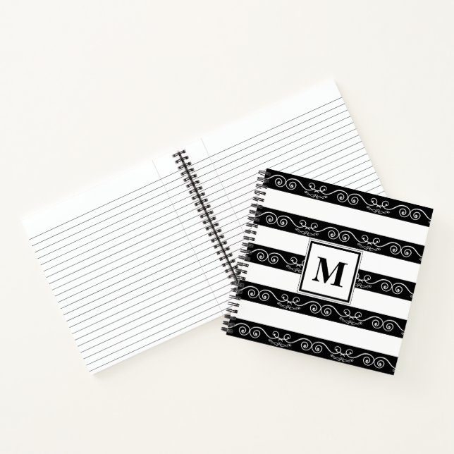 Schwarz-weiß gestreift Modernes Monogramm Notizbuch (Innenseite)