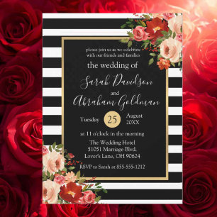Schwarz-Weiß gestreifte Blumen Rosen Hochzeit Einladung