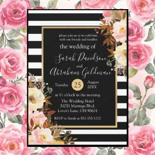 Schwarz-Weiß gestreifte Blumen Rosen Hochzeit Einladung