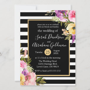 Schwarz-Weiß-Gestreifte Blumen Rosen Hochzeit Einladung