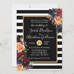 Schwarz-Weiß gestreifte Blumen Rot Navy Hochzeit Einladung