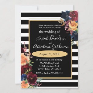 Schwarz-Weiß gestreifte Blumen Rot Navy Hochzeit Einladung