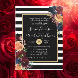 Schwarz-Weiß gestreifte Blumen Rot Navy Hochzeit Einladung