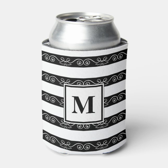 Schwarz-weiß gestreifte Monogramm-Konstruktion Dosenkühler (Kanne Vorderseite)