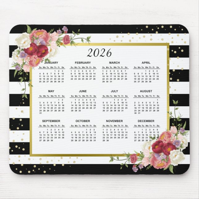 Schwarz-weiß gestreiftes Blumengold - Kalender 202 Mousepad (Vorne)