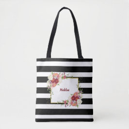 Schwarz-weiß gestreiftes Blumengold | PERSONALISIE Tasche