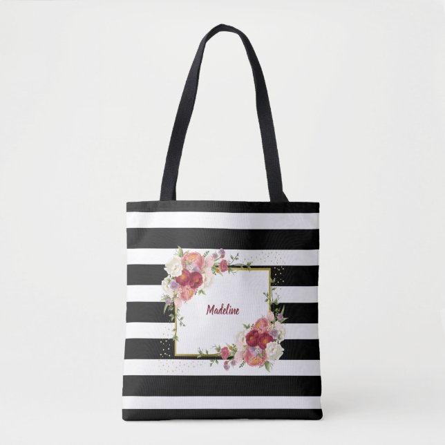 Schwarz-weiß gestreiftes Blumengold | PERSONALISIE Tasche (Vorderseite)