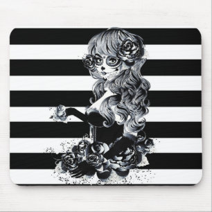 Schwarz-weiß gestreiftes hübsches Zuckerschädel-Mä Mousepad