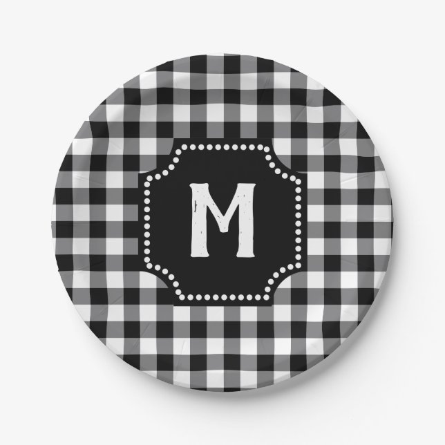 Schwarz-Weiß-Gingham Buffalo-Karo Monogramm Pappteller (Vorderseite)